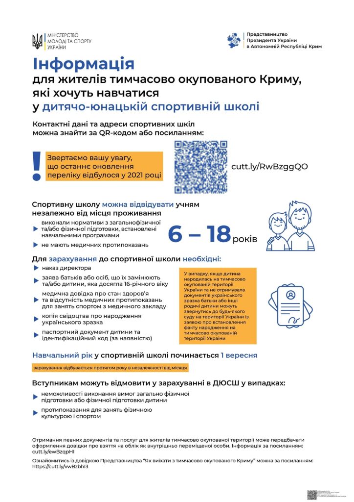 Умови вступу до ДЮСШ для жителів тимчасово окупованого Криму: інфографіка від Мінмолодьспорту